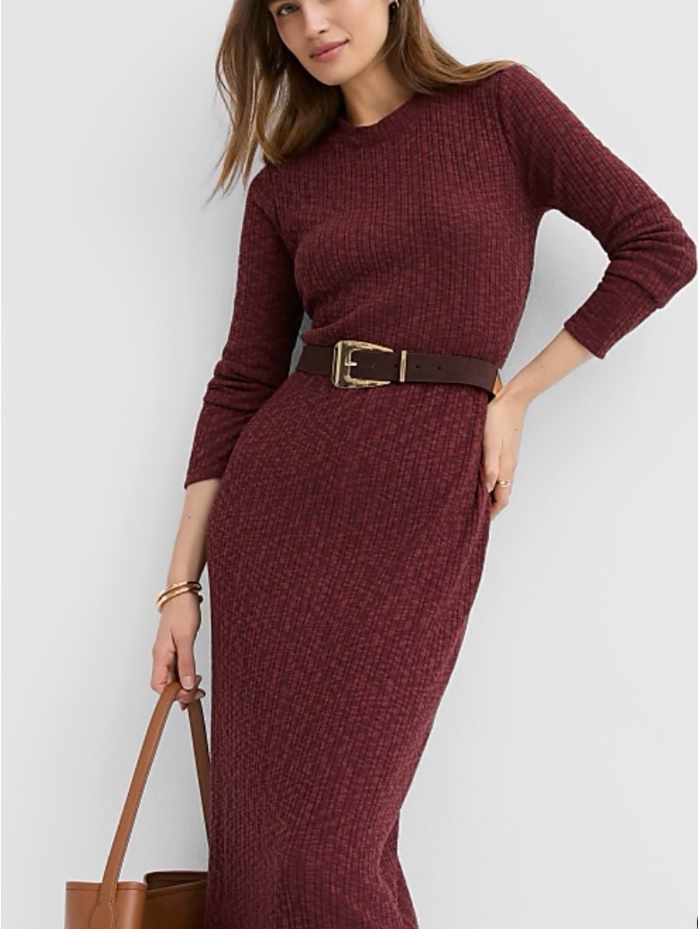 LOFT Ribbed Long-Sleeve Midi Dress in Burgundy